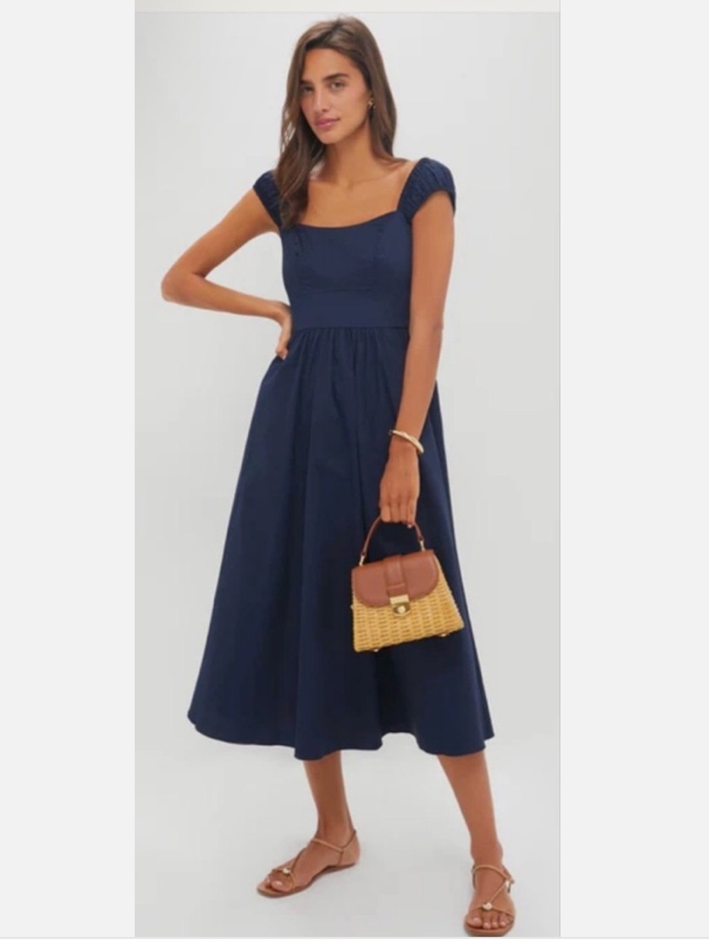 NWT Tuckernuck Amy Navy Medium Midi Cap Sleeve Dress Fit Flare Pockets Blue